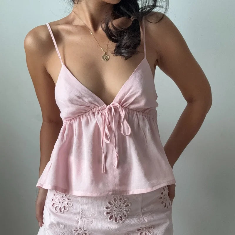 WhereMery Sexy Off Shoulder V-neck Backless Solid Crop Tops Y2K Casual Sleeveless Slim Tank Top Fashion New Daily Women Camisole