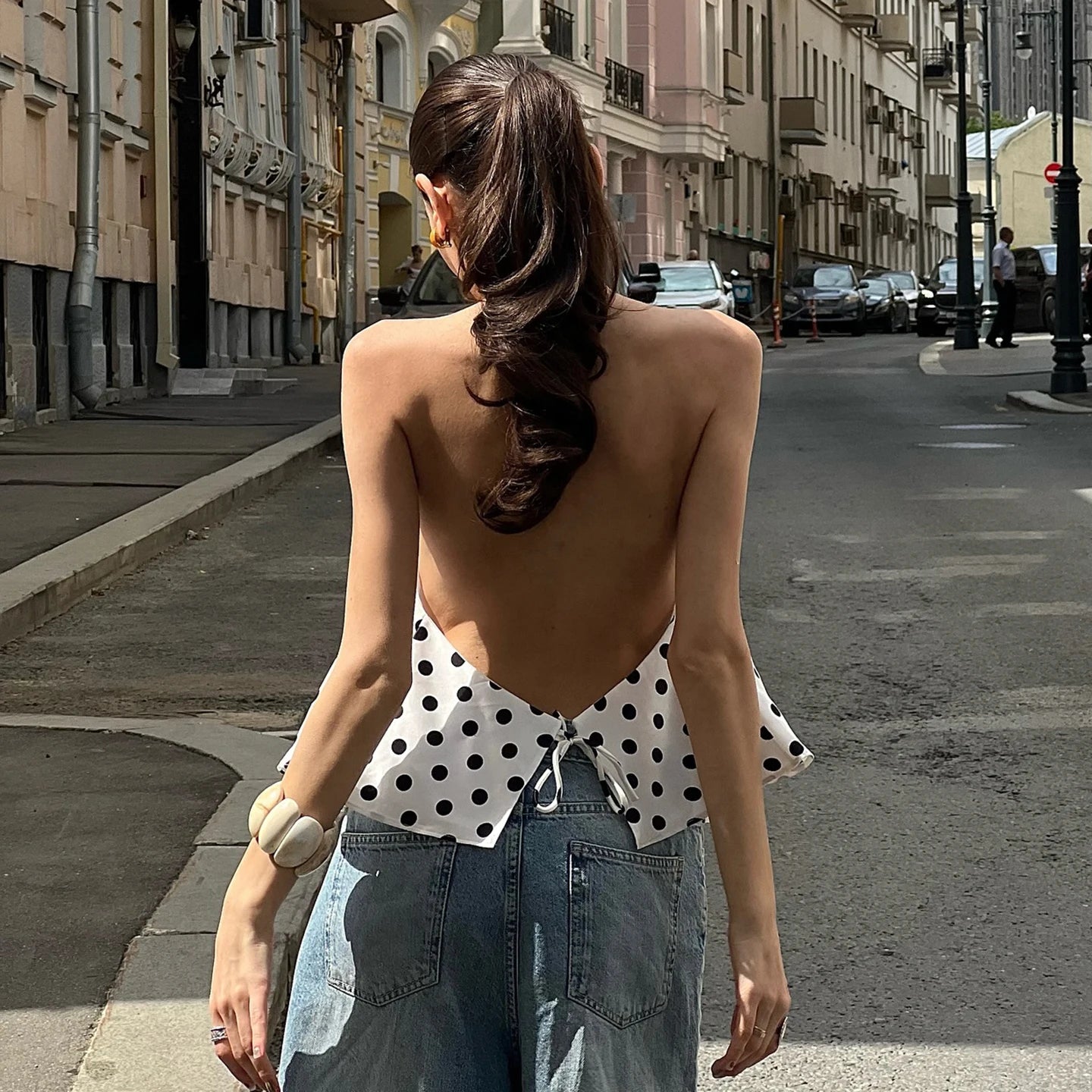 Combhasaki Women Summer Vintage Polka Dot Print Ruffle Vest Big Bow Tied Halter Choker Neck Tied Backless Silky Sleeveless Shirt