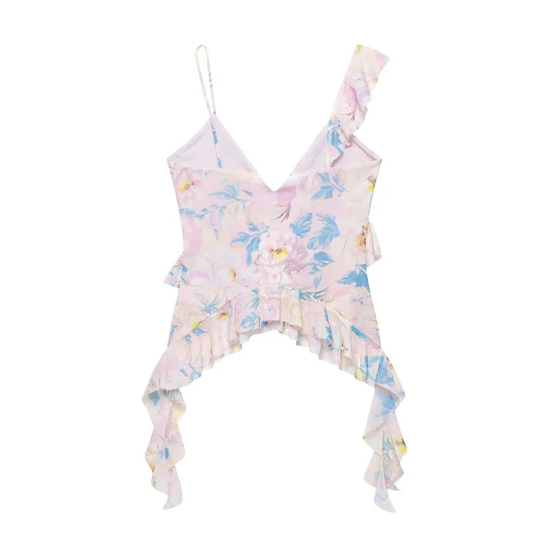 MUJER Print Ruffle Tulle Top Women Leopard Backless Tops Woman 2025 Summer Camisole Beach Top Female Sleeveless Tops for Women