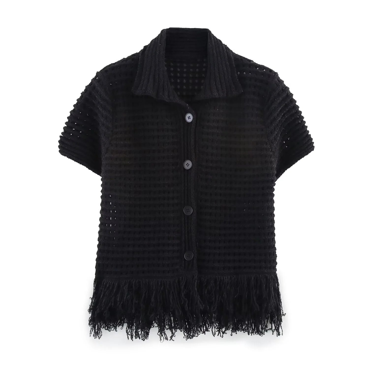 KONDALA 2025 Fall Winter Elegant Knitted Tassel Solid Women Suit Chic Turndown Collar Hollow Out Shirt Elastic Wasit Mini Skirt