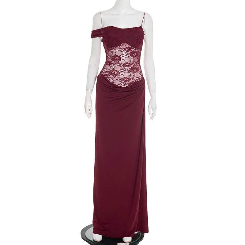 XIAOTANG One Shoulder Lace See Through Sexy Maxi Dress Women Gown Fashion Off-shoulder Sleeveless Backless Club Long Dresses