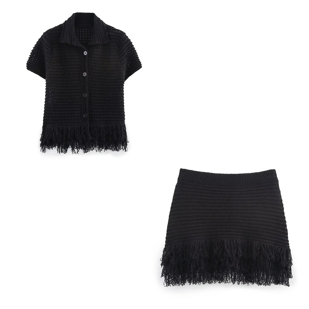 KONDALA 2025 Fall Winter Elegant Knitted Tassel Solid Women Suit Chic Turndown Collar Hollow Out Shirt Elastic Wasit Mini Skirt