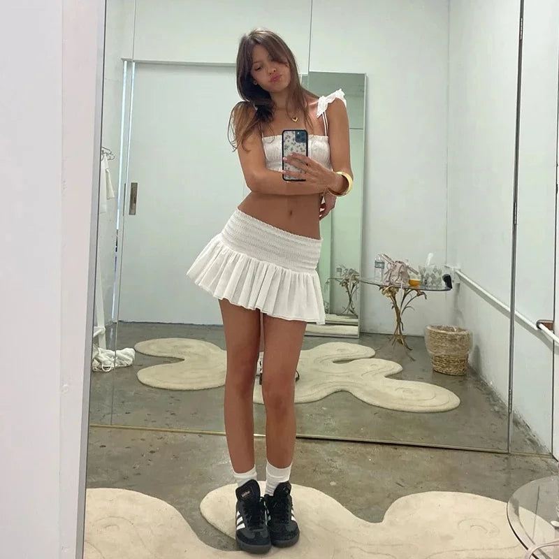 WhereMery Temperament White 2 Piece Sets Sexy Square-neck Sleeveless Crop Top + Ruched Mini Skirt Casual High Street Women Suits