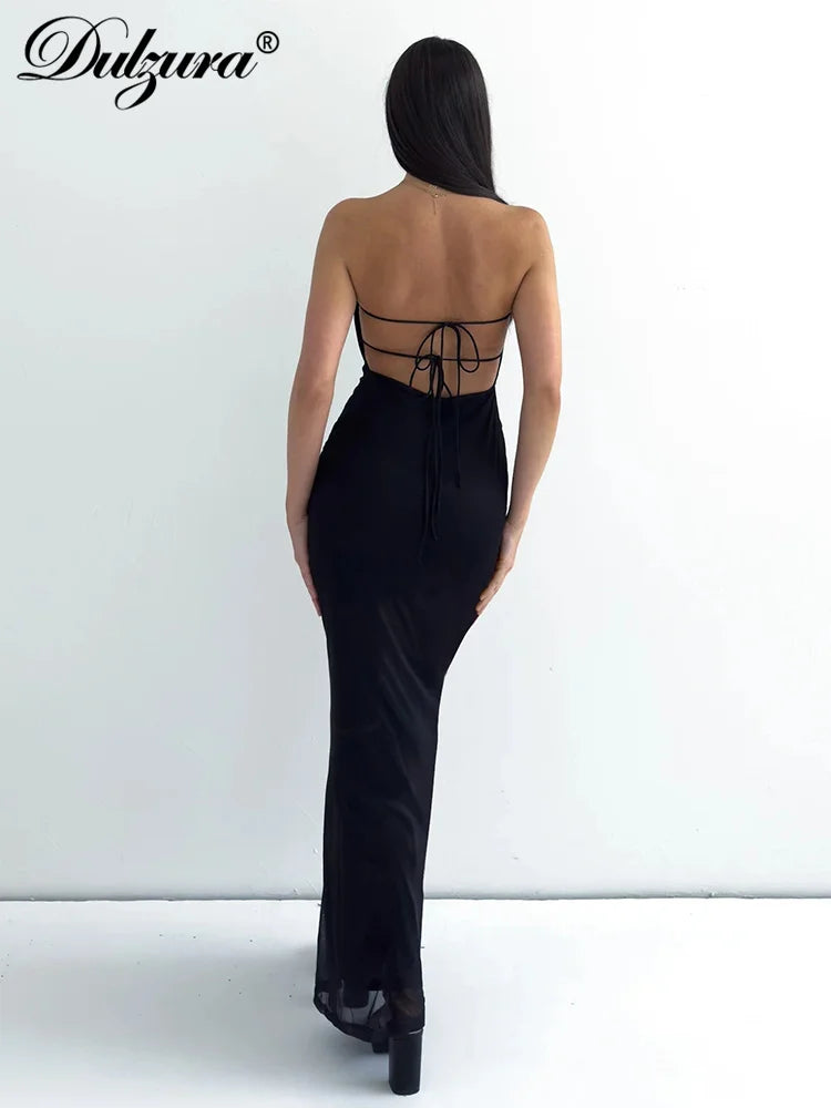 Dulzura Sleeveless Flower Print Tube Bodycon Midi Dress Backless Lace Up Elegant Sexy Outfit Party Club Autumn Winter