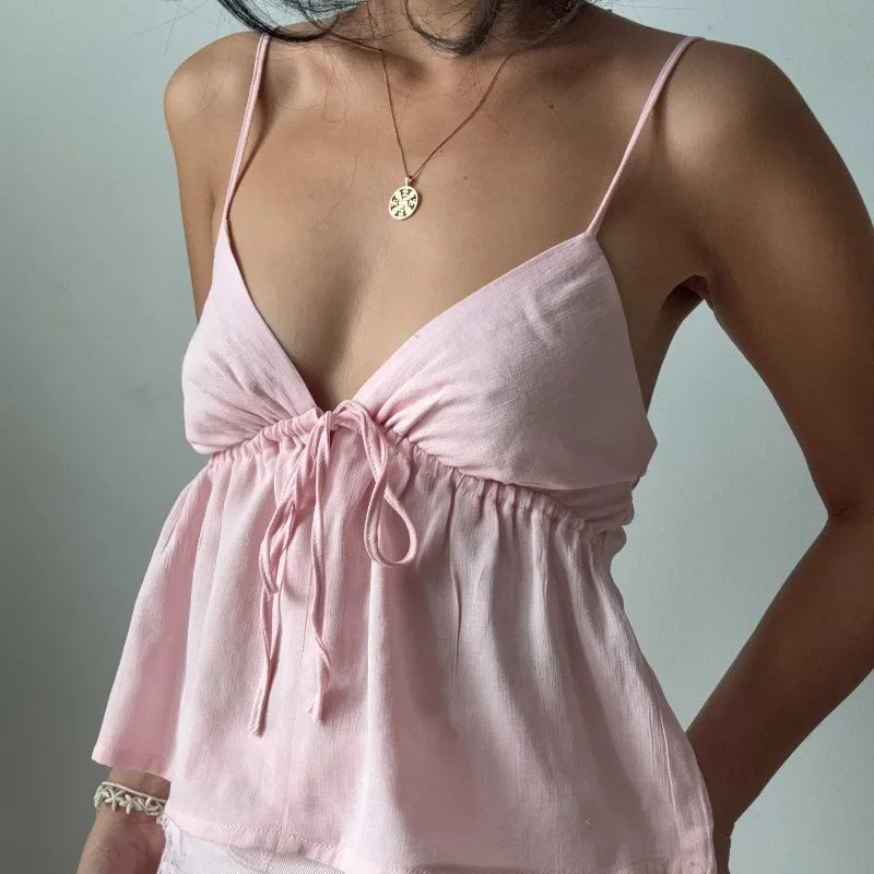 WhereMery Sexy Off Shoulder V-neck Backless Solid Crop Tops Y2K Casual Sleeveless Slim Tank Top Fashion New Daily Women Camisole
