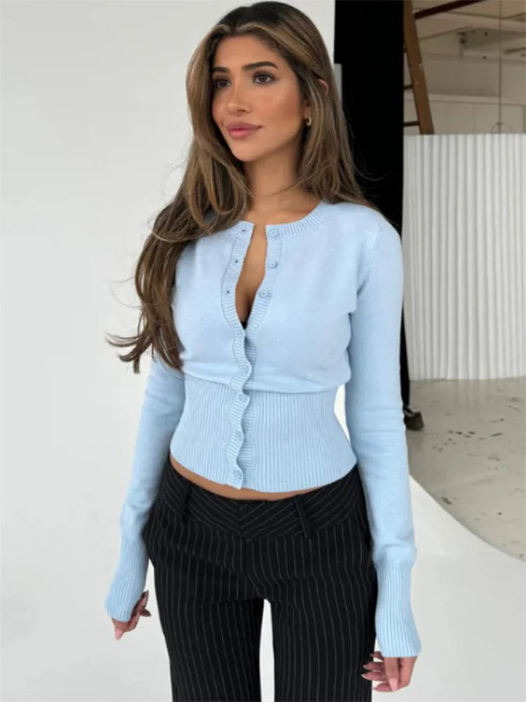 Tossy Casual Knit Cardigan Top For Women Long Sleeve Ribbed Patchwork Slim Elegant Loose Cropped Top Female Knitwear Cardigan