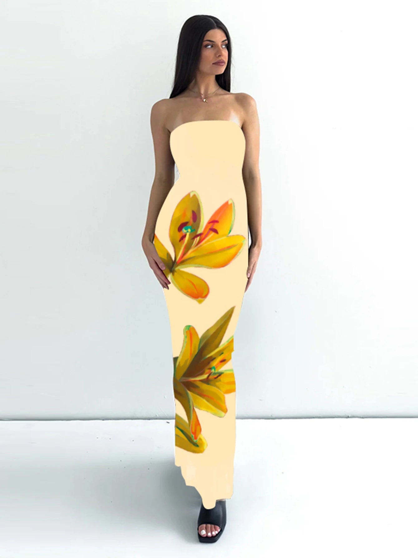Dulzura Sleeveless Flower Print Tube Bodycon Midi Dress Backless Lace Up Elegant Sexy Outfit Party Club Autumn Winter