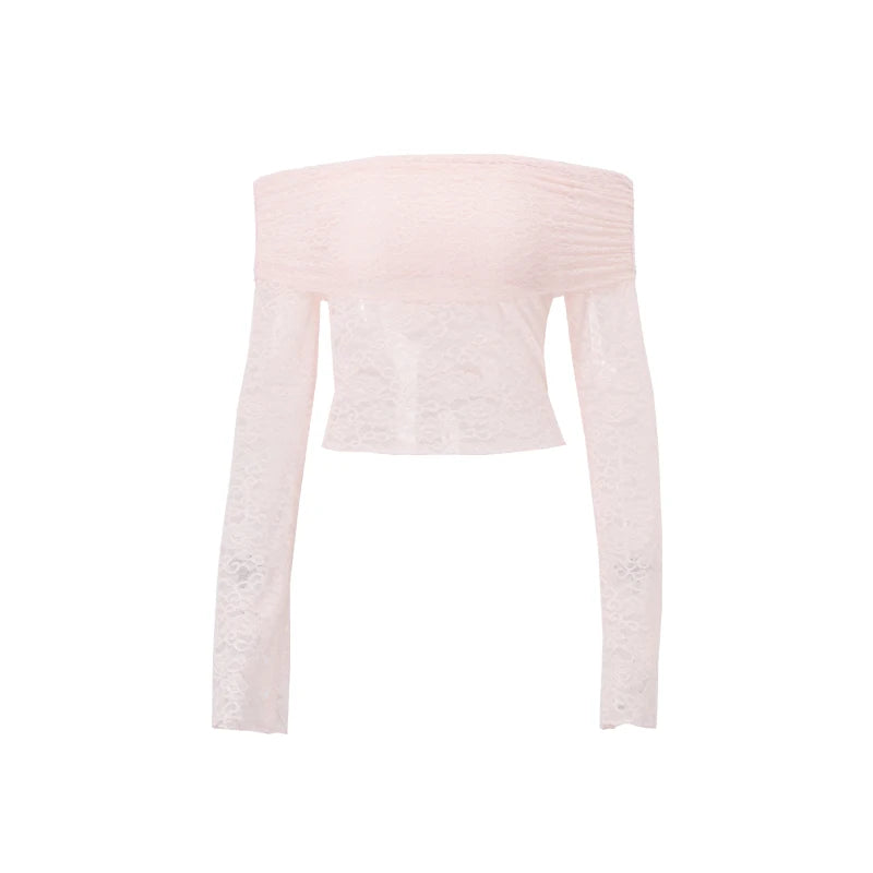 Candyhot Elegant Off Shoulder Lace Long Sleeve Solid Color Tank Top + Casual Bodycon Midi Skirt Fall Vacation Beach 2 Piece Set
