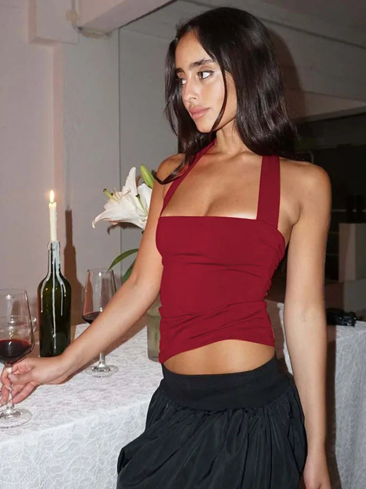 Women's Sleeveless Halter Backless Lace-Up Crop Tank Top Bodycon Sexy Elegant Y2K Clubwear Summer Outfit for Party
