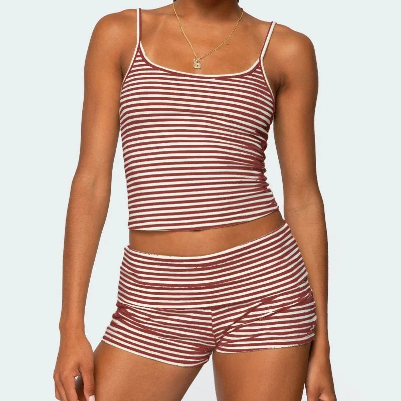 2025 Summer Women 2Piece Outfits Set Y2k Striped Solid Crop Camisole Tops + Folded Elastic Waist Slim Shorts Pajama Loungewear