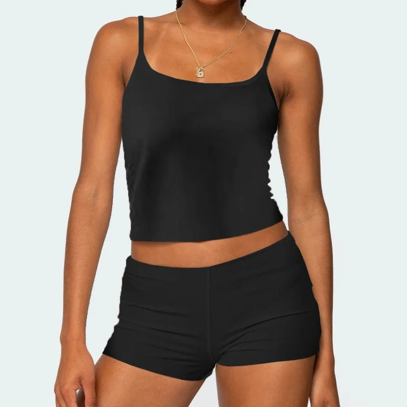 2025 Summer Women 2Piece Outfits Set Y2k Striped Solid Crop Camisole Tops + Folded Elastic Waist Slim Shorts Pajama Loungewear