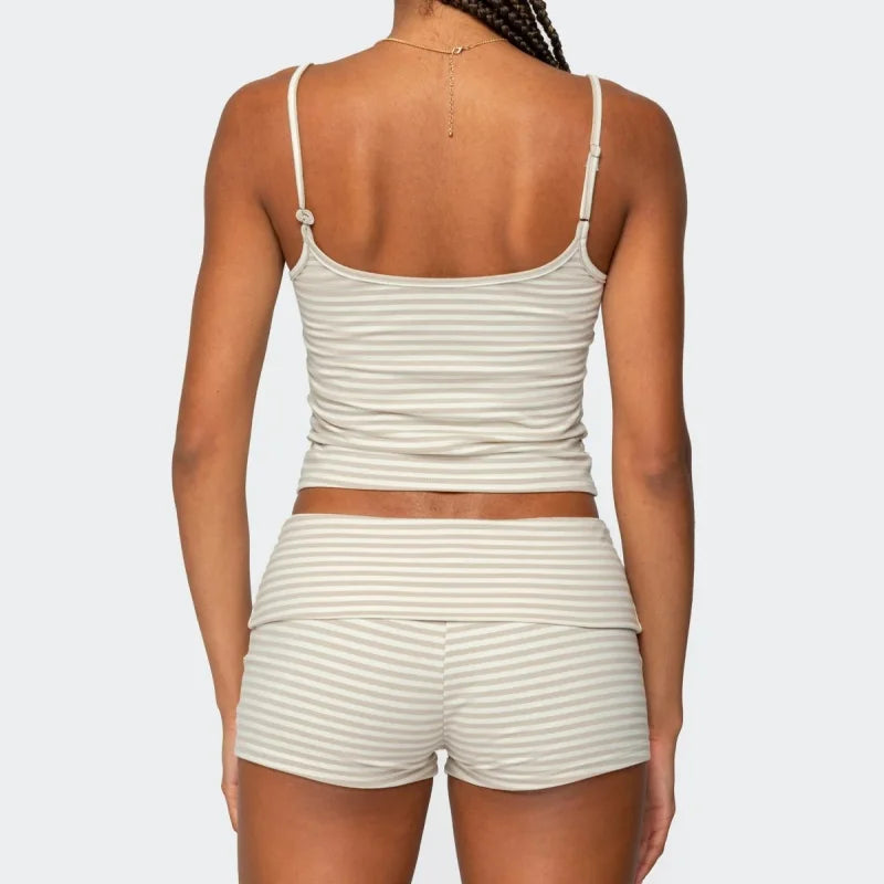 2025 Summer Women 2Piece Outfits Set Y2k Striped Solid Crop Camisole Tops + Folded Elastic Waist Slim Shorts Pajama Loungewear