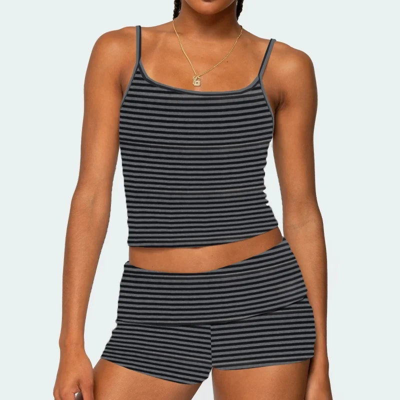 2025 Summer Women 2Piece Outfits Set Y2k Striped Solid Crop Camisole Tops + Folded Elastic Waist Slim Shorts Pajama Loungewear