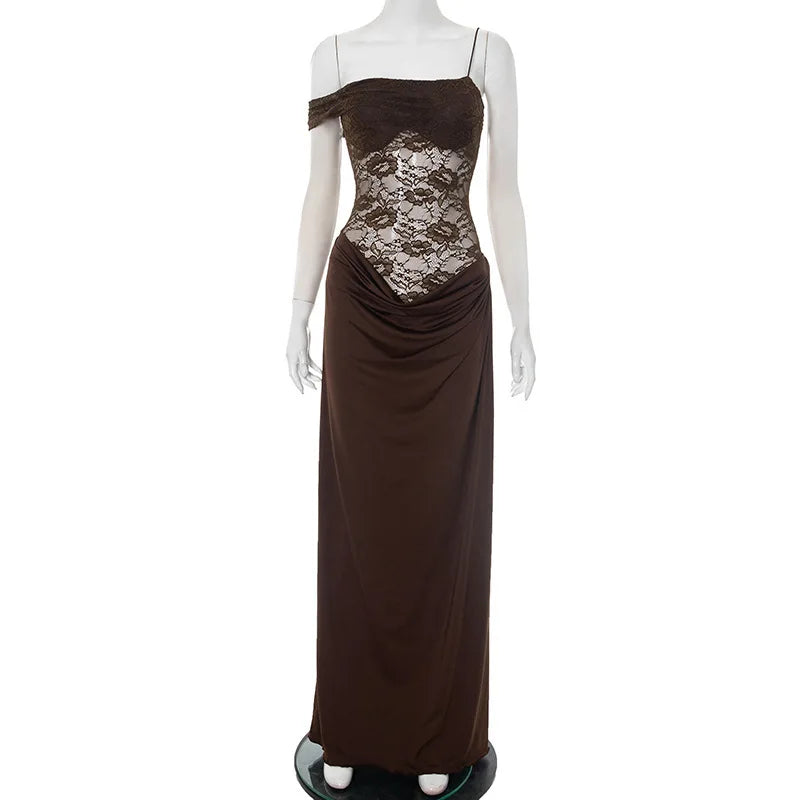 XIAOTANG One Shoulder Lace See Through Sexy Maxi Dress Women Gown Fashion Off-shoulder Sleeveless Backless Club Long Dresses