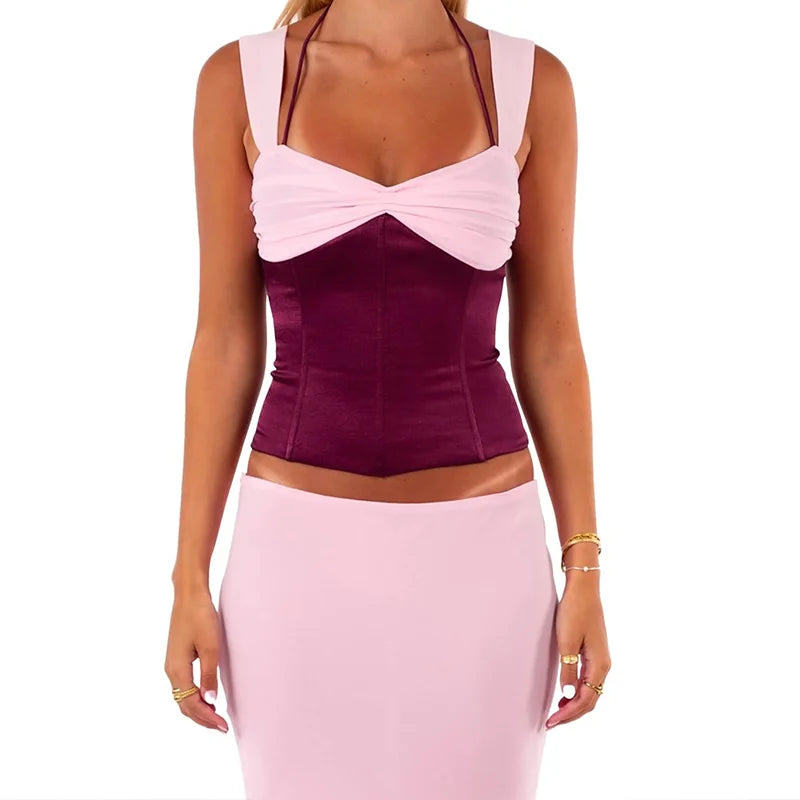 Candyhot Patchwork Sexy Backless Bandage Sleeveless Tops and Elegant Straight Long Skirt Summer  Evening New Women 2 Pieces Set