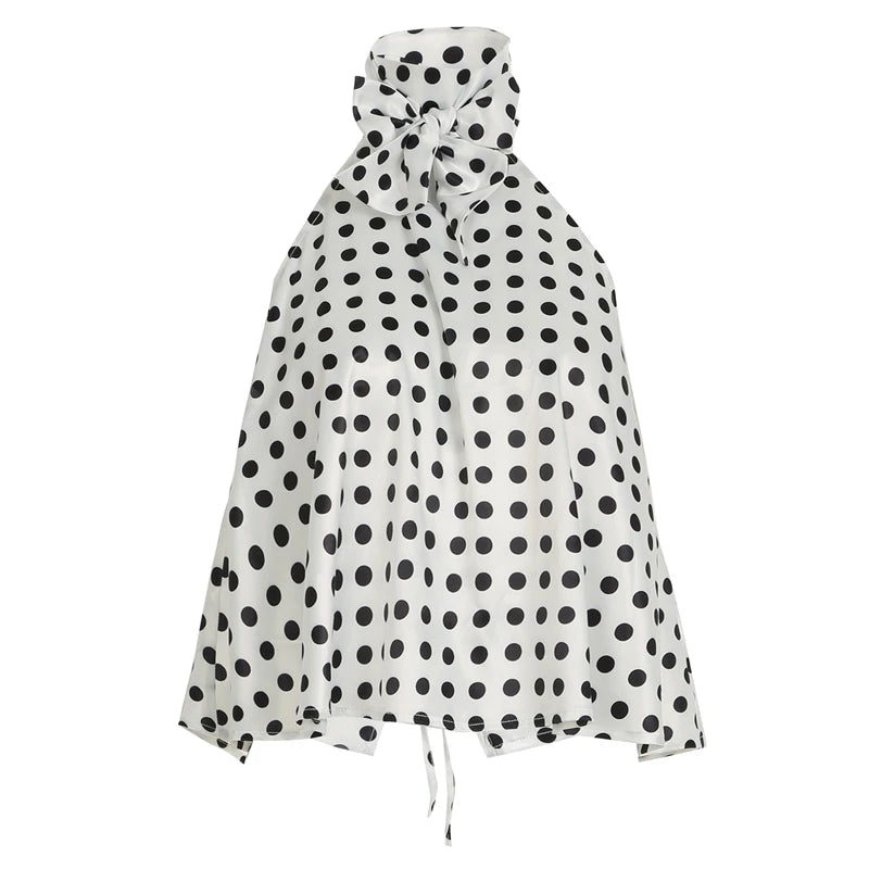 Combhasaki Women Summer Vintage Polka Dot Print Ruffle Vest Big Bow Tied Halter Choker Neck Tied Backless Silky Sleeveless Shirt