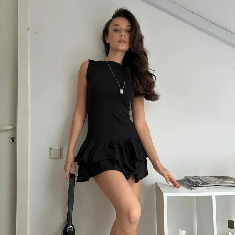 Round Neck Sleeveless Nipped Waist Slim Layered Ruffles Splice Fashion Elegant Solid Color Hot Girl Sexy Vest Mini Women Dress