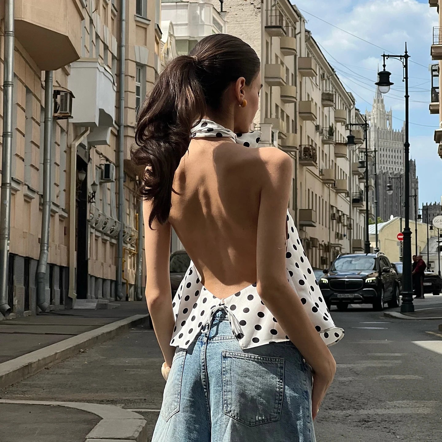 Combhasaki Women Summer Vintage Polka Dot Print Ruffle Vest Big Bow Tied Halter Choker Neck Tied Backless Silky Sleeveless Shirt