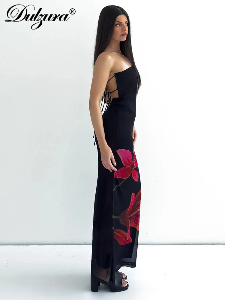 Dulzura Sleeveless Flower Print Tube Bodycon Midi Dress Backless Lace Up Elegant Sexy Outfit Party Club Autumn Winter