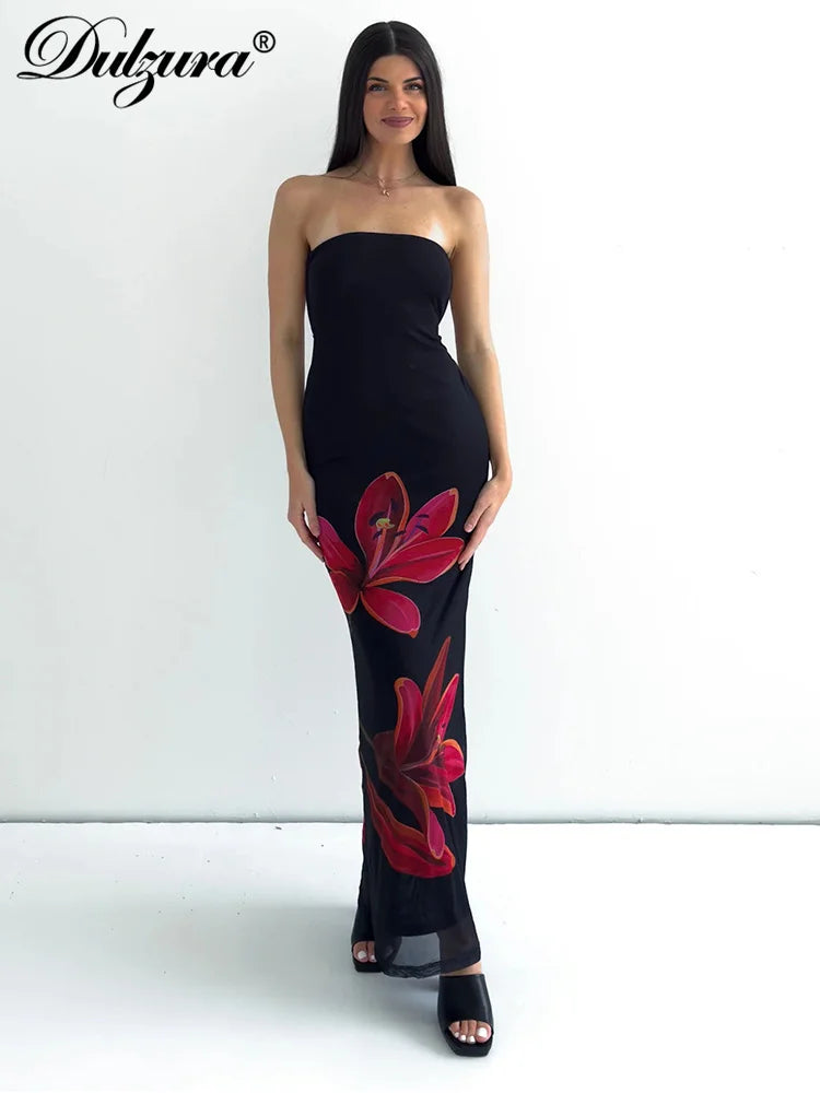 Dulzura Sleeveless Flower Print Tube Bodycon Midi Dress Backless Lace Up Elegant Sexy Outfit Party Club Autumn Winter