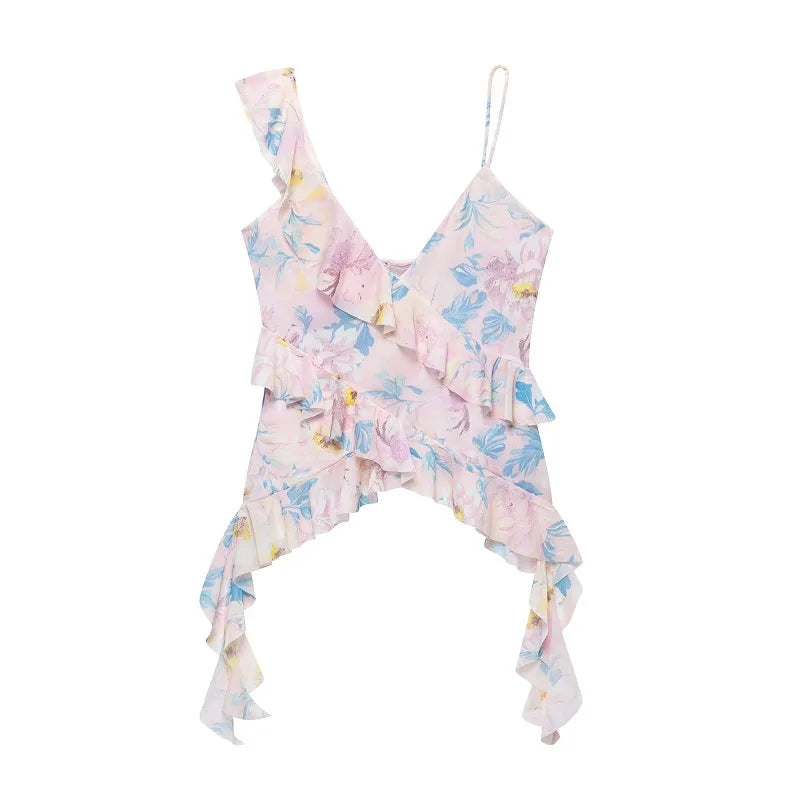 MUJER Print Ruffle Tulle Top Women Leopard Backless Tops Woman 2025 Summer Camisole Beach Top Female Sleeveless Tops for Women