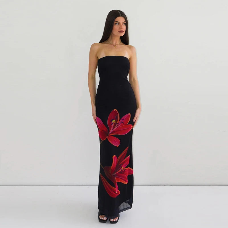 Dulzura Sleeveless Flower Print Tube Bodycon Midi Dress Backless Lace Up Elegant Sexy Outfit Party Club Autumn Winter