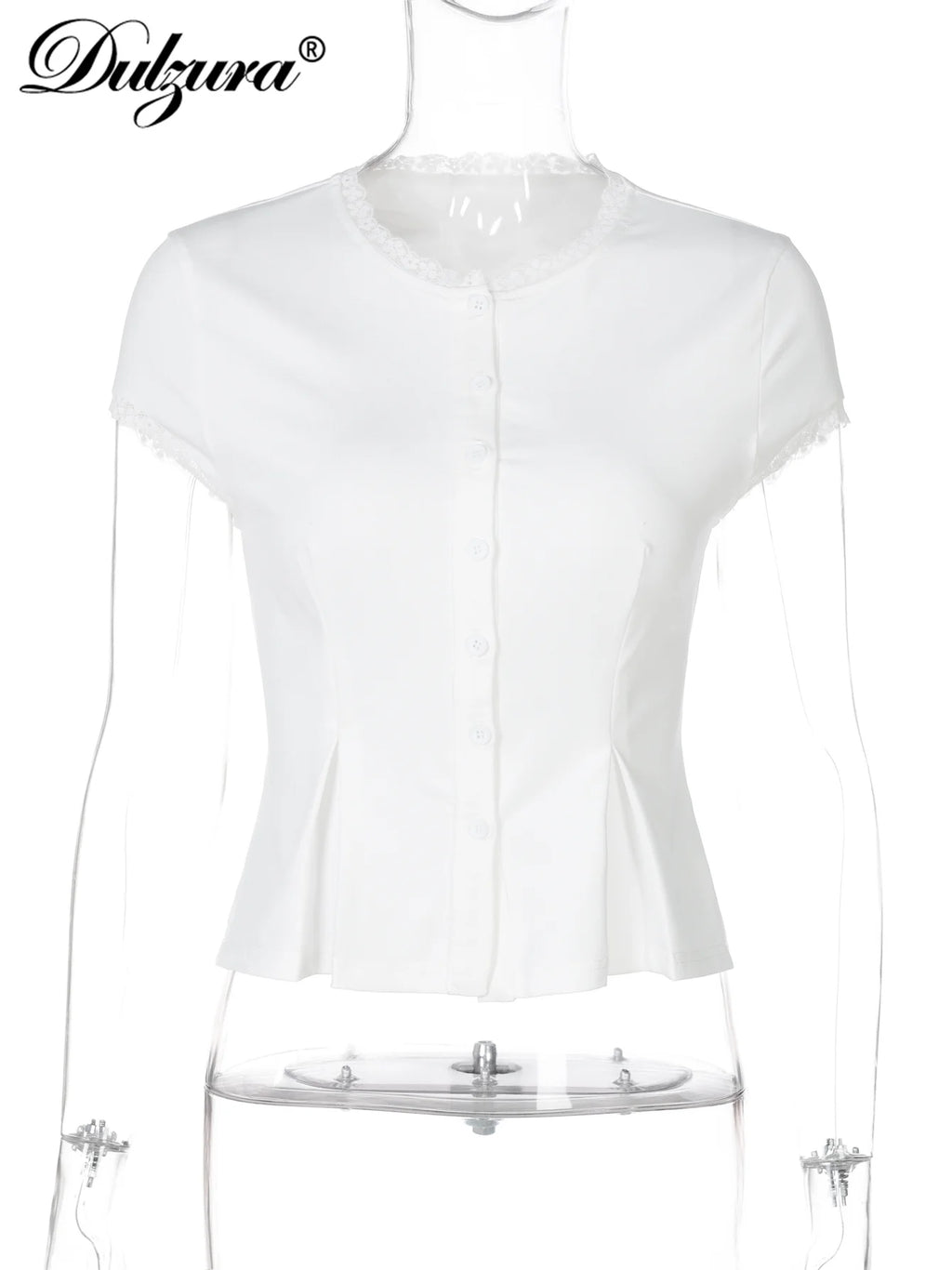 Dulzura Summer Latest Fashion Elegant O-Neck Short Sleeve Single Breasted Lace Ruffles Patchwork Cardigan Top Party Club Clothes