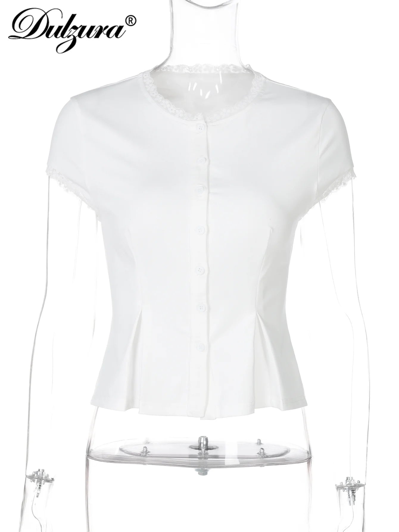 Dulzura Summer Latest Fashion Elegant O-Neck Short Sleeve Single Breasted Lace Ruffles Patchwork Cardigan Top Party Club Clothes