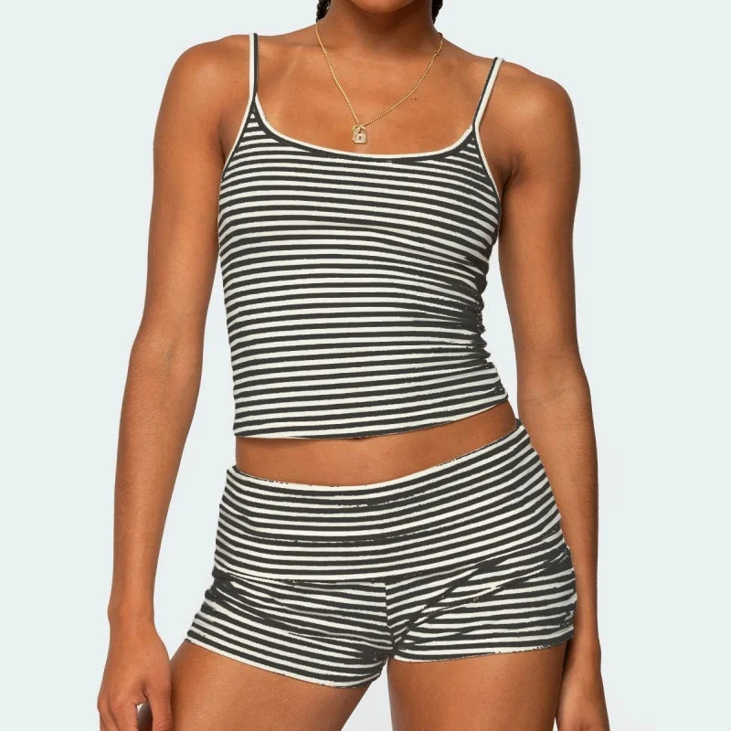 2025 Summer Women 2Piece Outfits Set Y2k Striped Solid Crop Camisole Tops + Folded Elastic Waist Slim Shorts Pajama Loungewear
