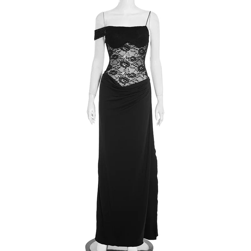 XIAOTANG One Shoulder Lace See Through Sexy Maxi Dress Women Gown Fashion Off-shoulder Sleeveless Backless Club Long Dresses