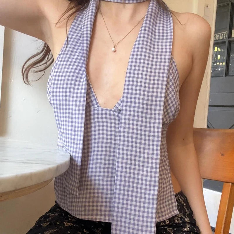 WhereMery Women's Summer Vintage Y2K Crop Tops Slim Low Cut Sleeveless Open Back Tie-up V-neck Halter Vest With Scarf Streetwear
