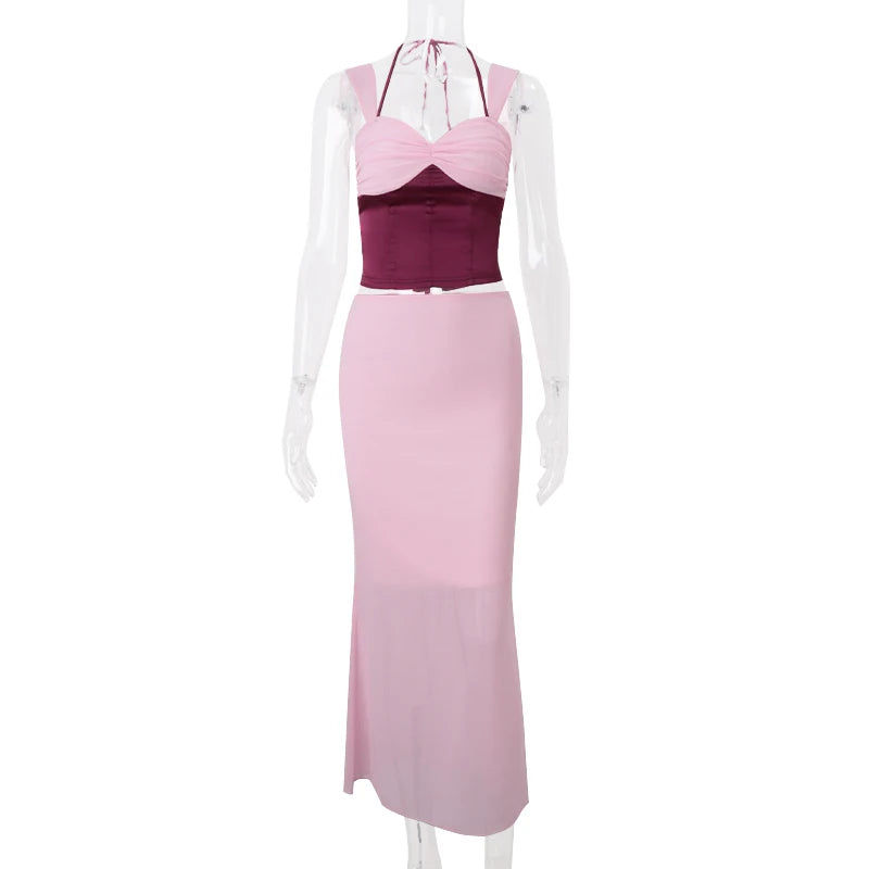 Candyhot Patchwork Sexy Backless Bandage Sleeveless Tops and Elegant Straight Long Skirt Summer  Evening New Women 2 Pieces Set