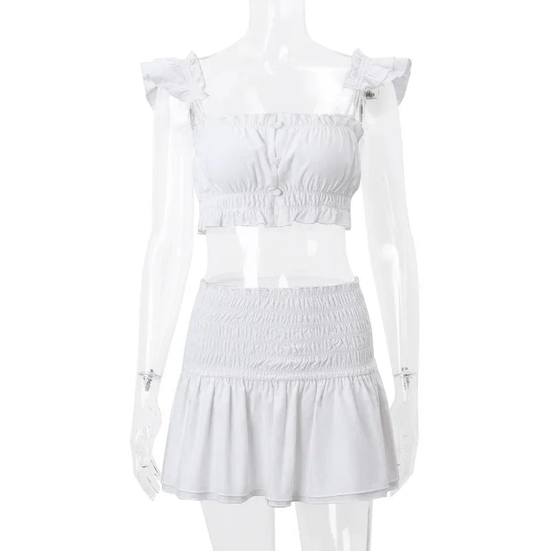 WhereMery Temperament White 2 Piece Sets Sexy Square-neck Sleeveless Crop Top + Ruched Mini Skirt Casual High Street Women Suits