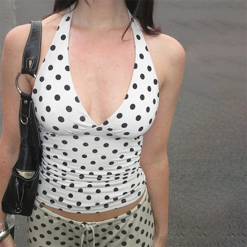 Women Sexy Halter Deep V Neck Top Slim Fit Backless Crop Tank Top Y2k Polka Dot Open Back Sleeveless Cami Tops