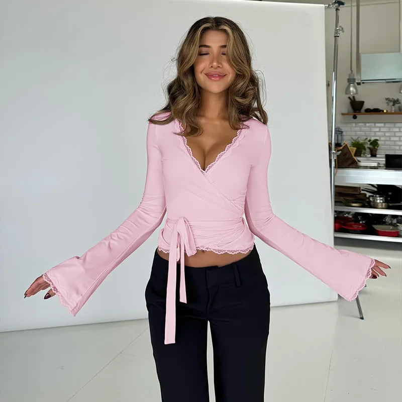 Candyhot Sexy Sheath Soild V-Neck Ruffle Short Top Y2K 2025 Autumn New Women Long Sleeve Lace up Vest Vintage Streetwear Blouses