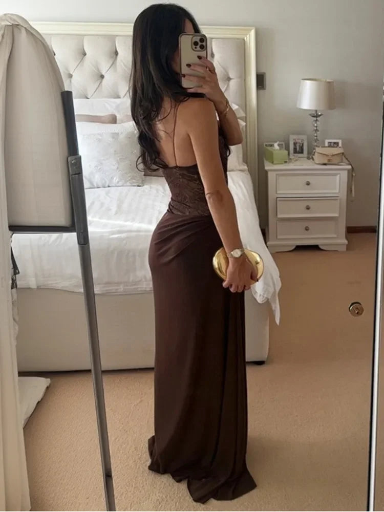 XIAOTANG One Shoulder Lace See Through Sexy Maxi Dress Women Gown Fashion Off-shoulder Sleeveless Backless Club Long Dresses