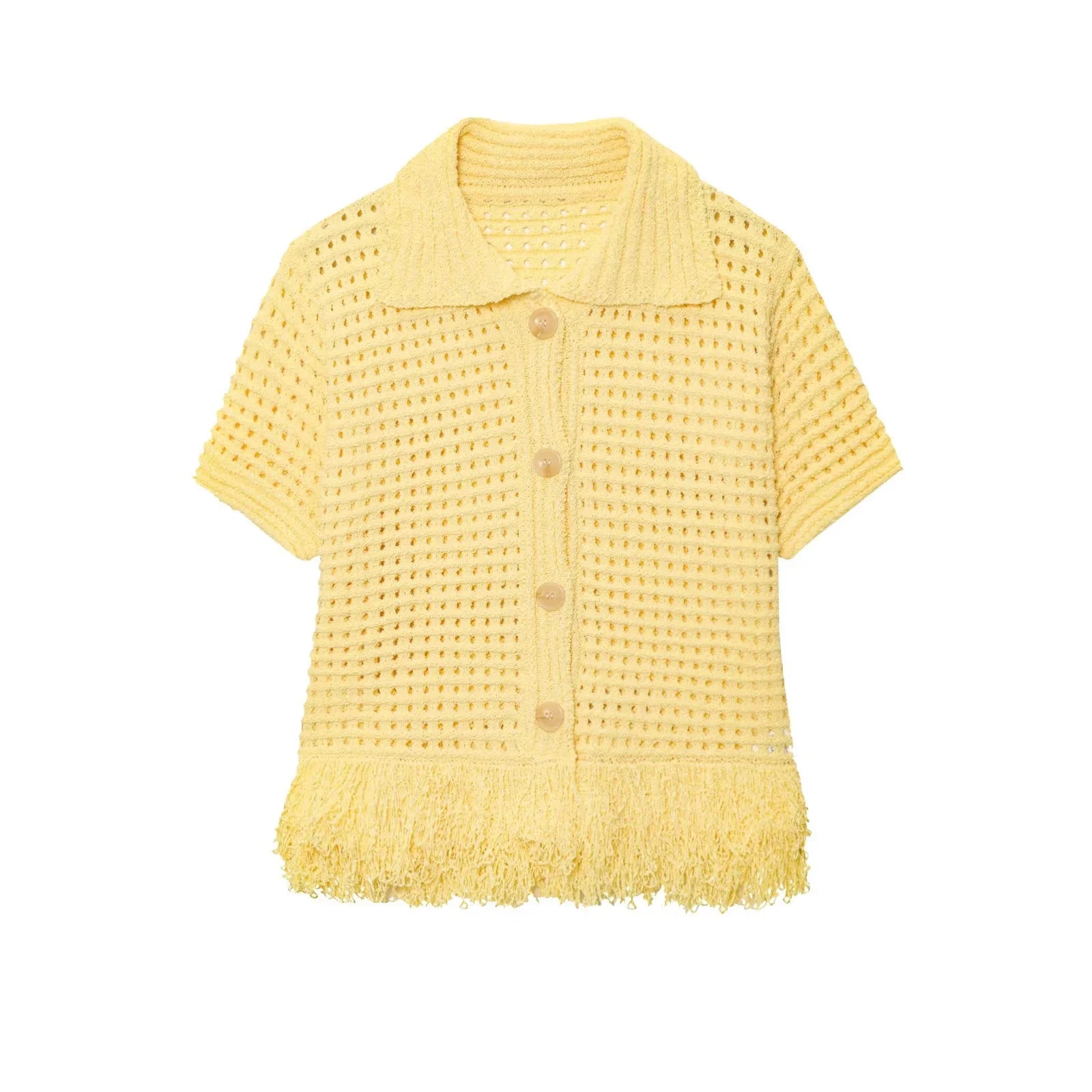 KONDALA 2025 Fall Winter Elegant Knitted Tassel Solid Women Suit Chic Turndown Collar Hollow Out Shirt Elastic Wasit Mini Skirt