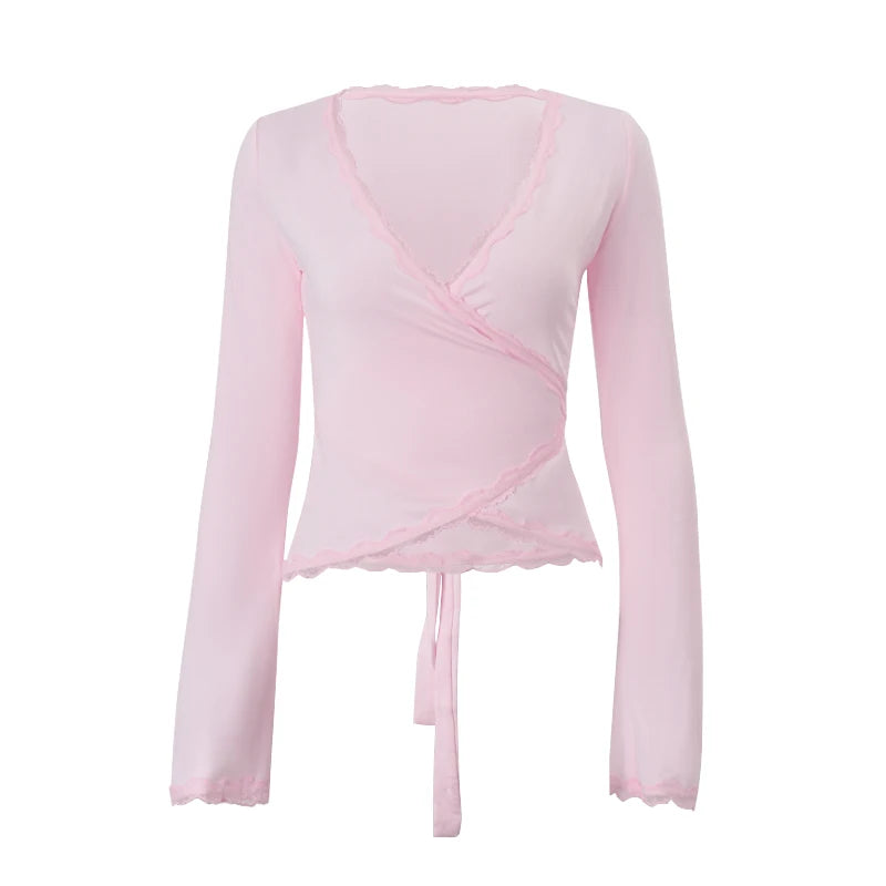 Candyhot Sexy Sheath Soild V-Neck Ruffle Short Top Y2K 2025 Autumn New Women Long Sleeve Lace up Vest Vintage Streetwear Blouses