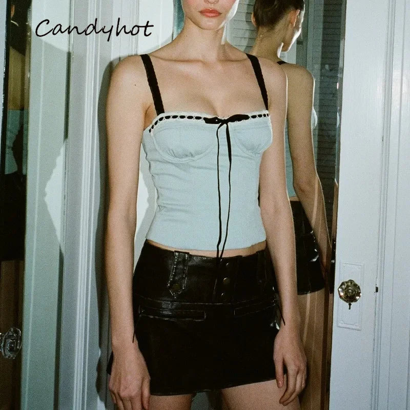 Candyhot Sexy Summer Backless Square-Neck Women Crop Tops Fashion Lace Sleeveless Short Vest Spice Girl Lady Streetwear Camisole