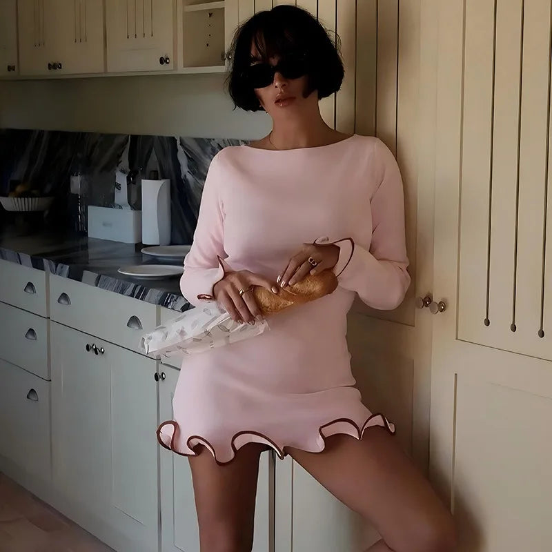 Elegant Round Neck Pleat Long Sleeve New Women's Dresses Casual Slim Pink Black White Short Dresses Lady Chic Party Street Robes