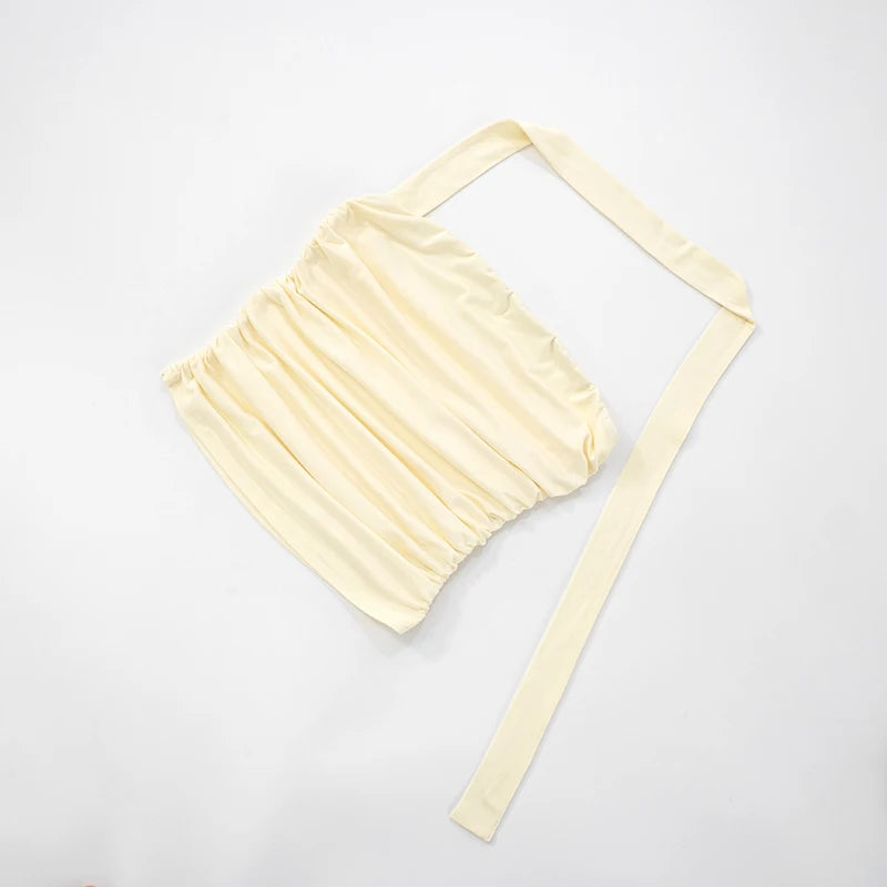 CUTENOVA Women'S Solid Color Strapless Hanging Neck Fluttering Pleated Sexy Tank Top Summer New Pure Desire Wind Hottie Tank Top