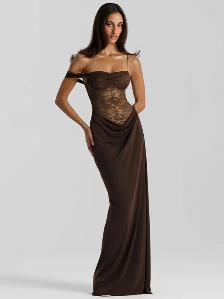 XIAOTANG One Shoulder Lace See Through Sexy Maxi Dress Women Gown Fashion Off-shoulder Sleeveless Backless Club Long Dresses