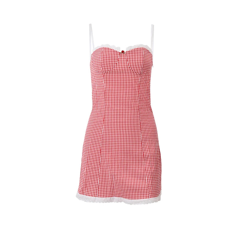 WhereMery Plaid Y2K Lace Vintage Spaghetti Strap Mini Dresses Backless Aesthetic Casual Slim Dress New Streetwear Women Vestidos