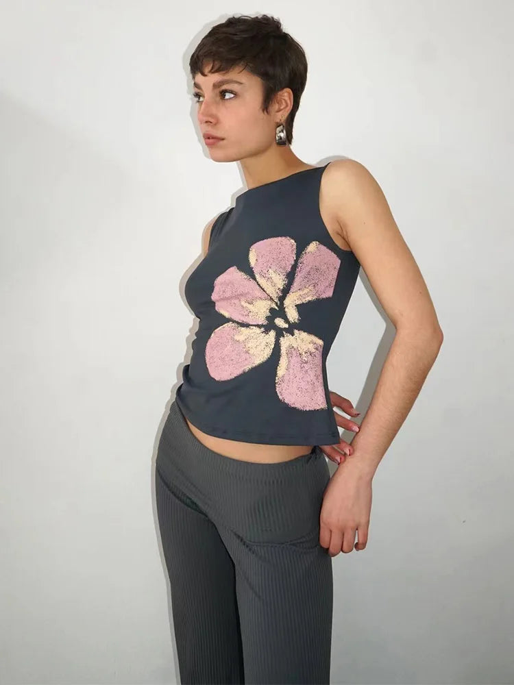 Women's Flower Print Crop Tank Top Fitted Boat Neck Sleeveless Summer Top for Party Club 2025 New Fashion