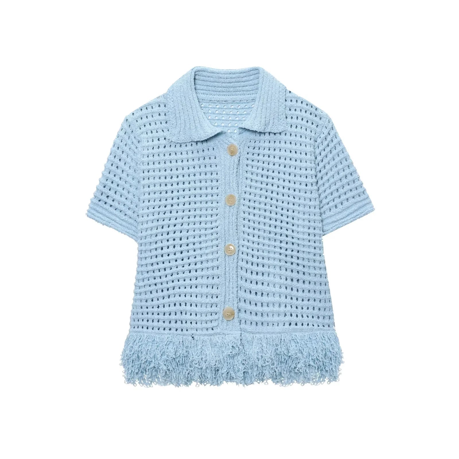 KONDALA 2025 Fall Winter Elegant Knitted Tassel Solid Women Suit Chic Turndown Collar Hollow Out Shirt Elastic Wasit Mini Skirt