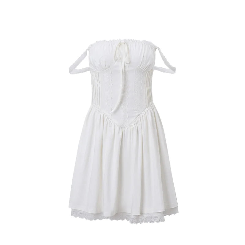 WhereMery Elegant Women Aesthetic  Pleated Mini Dress Y2K White Sleeveless Square-neck Lace-up Off Shoulder Autumn Party Dresses