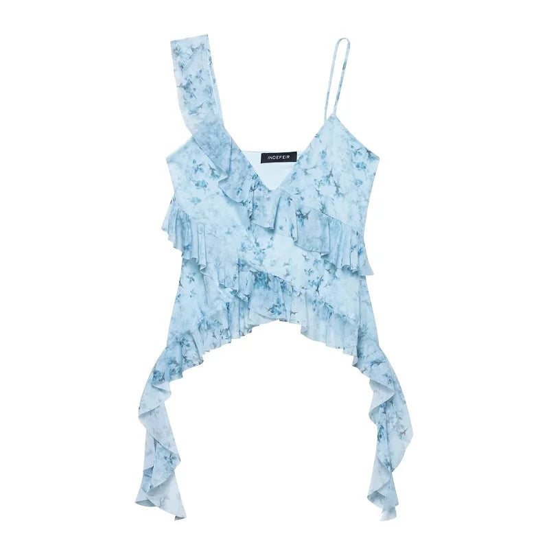 MUJER Print Ruffle Tulle Top Women Leopard Backless Tops Woman 2025 Summer Camisole Beach Top Female Sleeveless Tops for Women