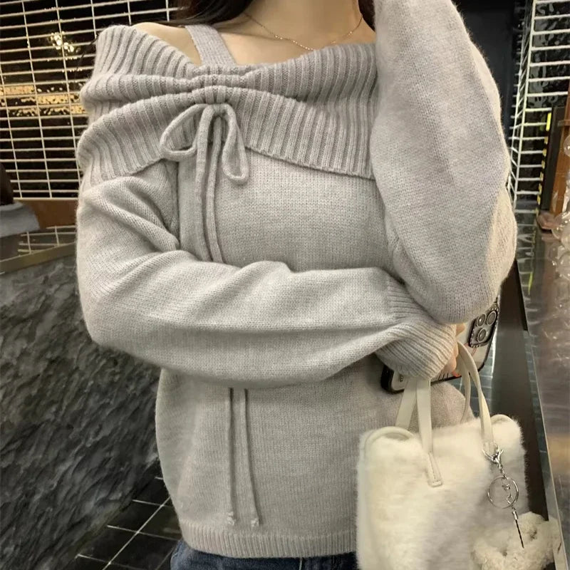 Deeptown Korean Style Coquette Knitwear Pullovers Women Sweet Slash Neck Long Sleeve Sweaters Autumn Winter 2000s Grey Jumper
