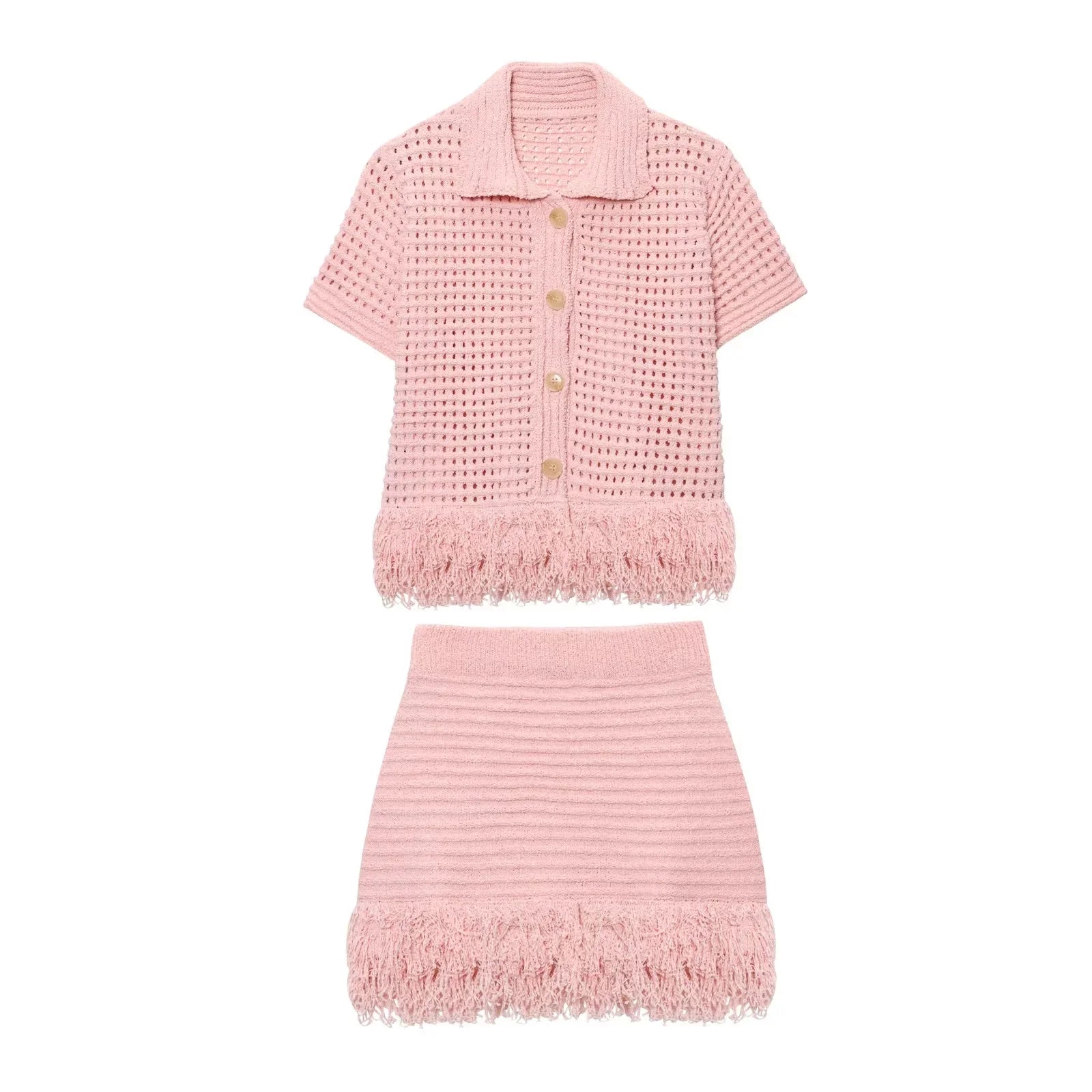 KONDALA 2025 Fall Winter Elegant Knitted Tassel Solid Women Suit Chic Turndown Collar Hollow Out Shirt Elastic Wasit Mini Skirt