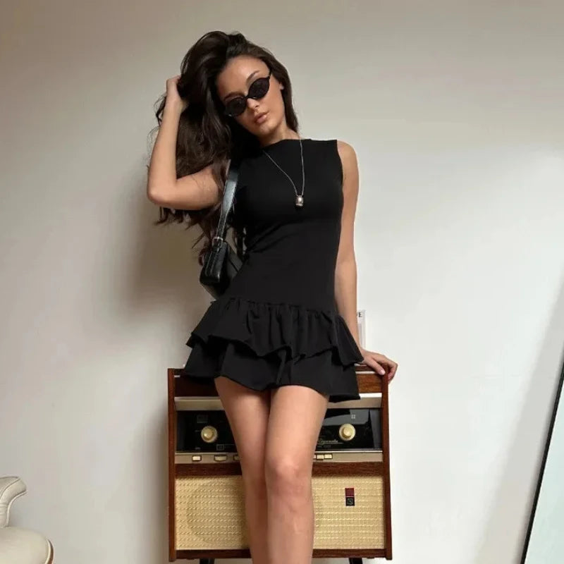 Round Neck Sleeveless Nipped Waist Slim Layered Ruffles Splice Fashion Elegant Solid Color Hot Girl Sexy Vest Mini Women Dress